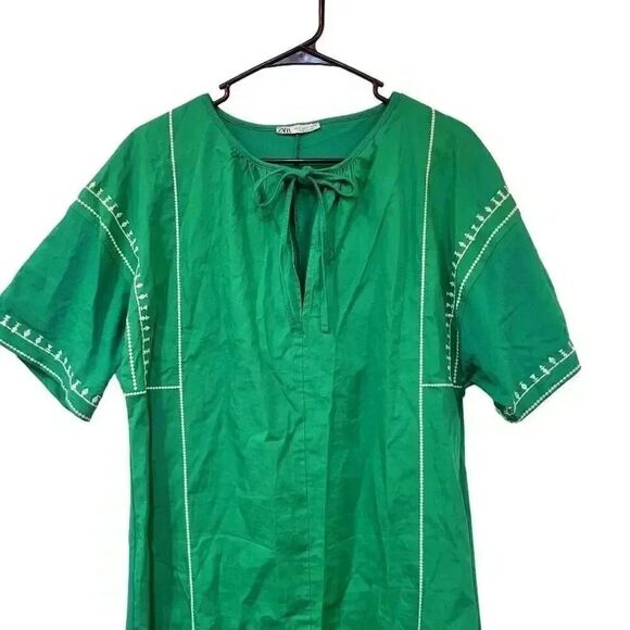Zara Women's Emerald Green Cotton/Poly/Spandex W White Embroidered Tunic Summer - Picture 2 of 10